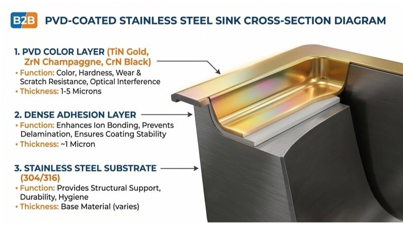 3d cross section diagram of a pvd coated stainless steel sink, showing three layers