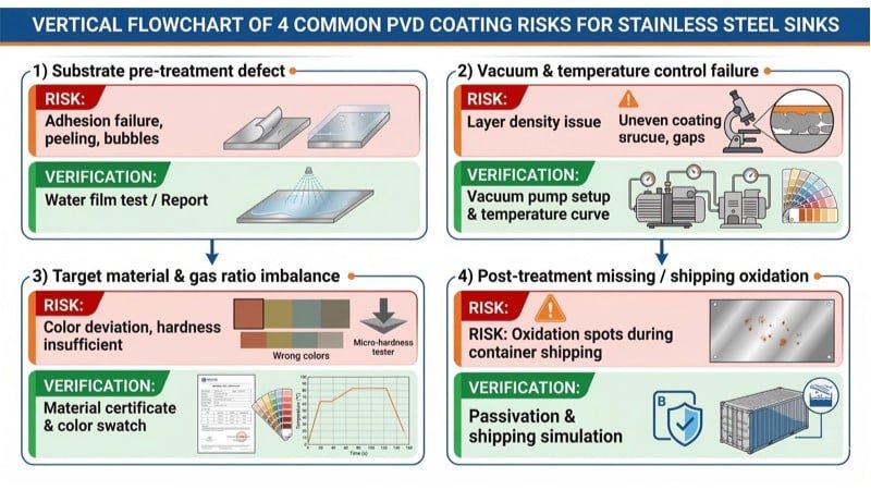 vertical flowchart of 4 common pvd coating risks for stainless steel sinks